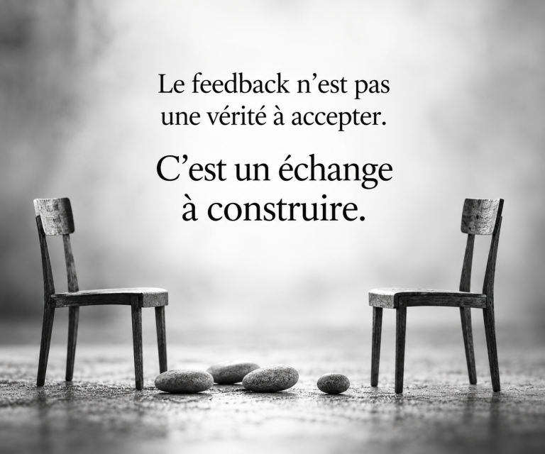 Deux chaises face à un espace de dialogue, illustrant le feedback comme un échange à construire plutôt qu'une vérité à accepter.